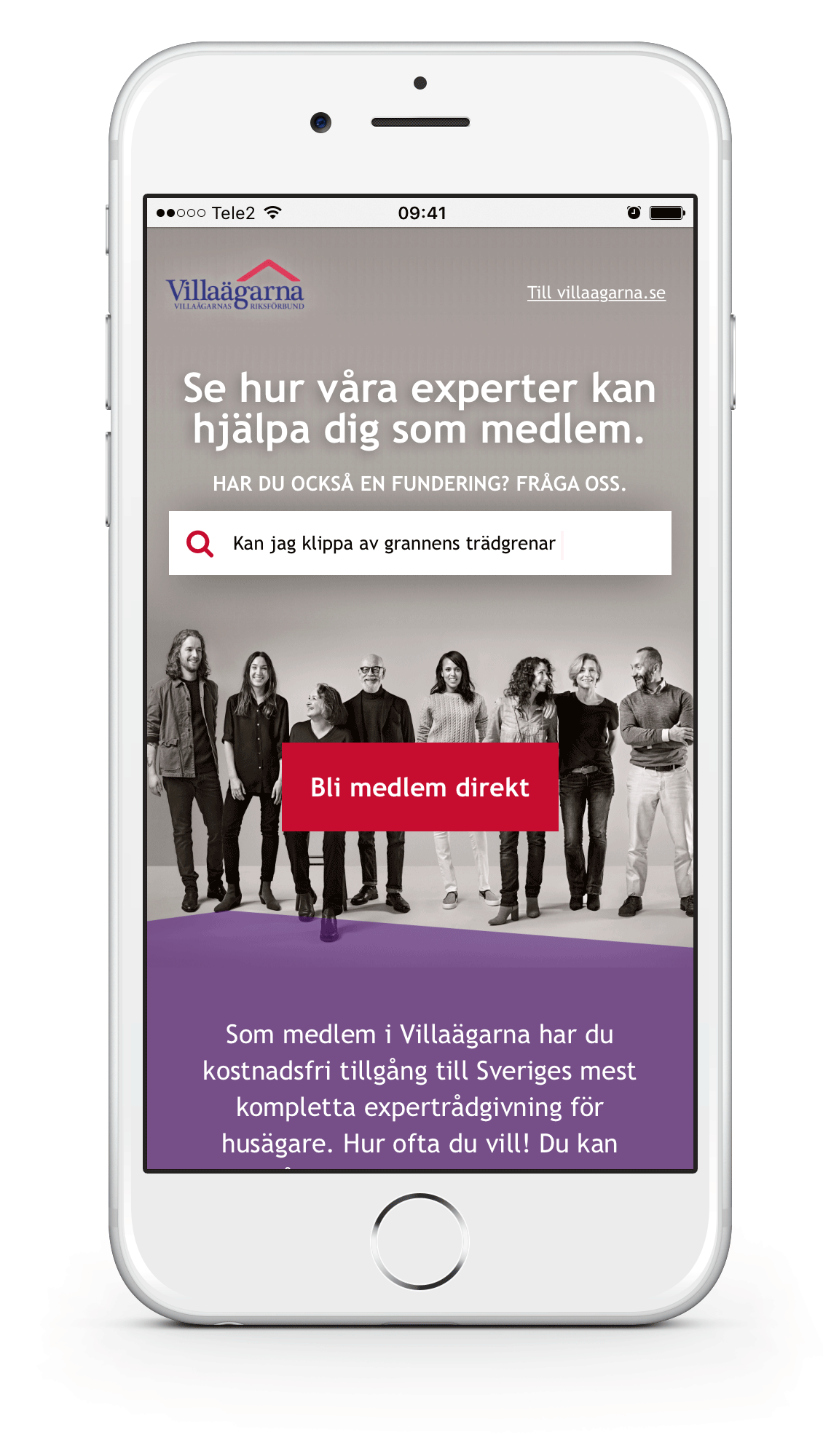 cellphone screen showing Villaägarna homepage